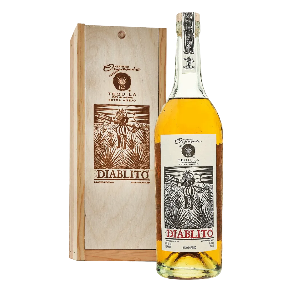 123 Organic Tequila Diablito Extra Añejo 750ML premium organic tequila bottle with handcrafted label