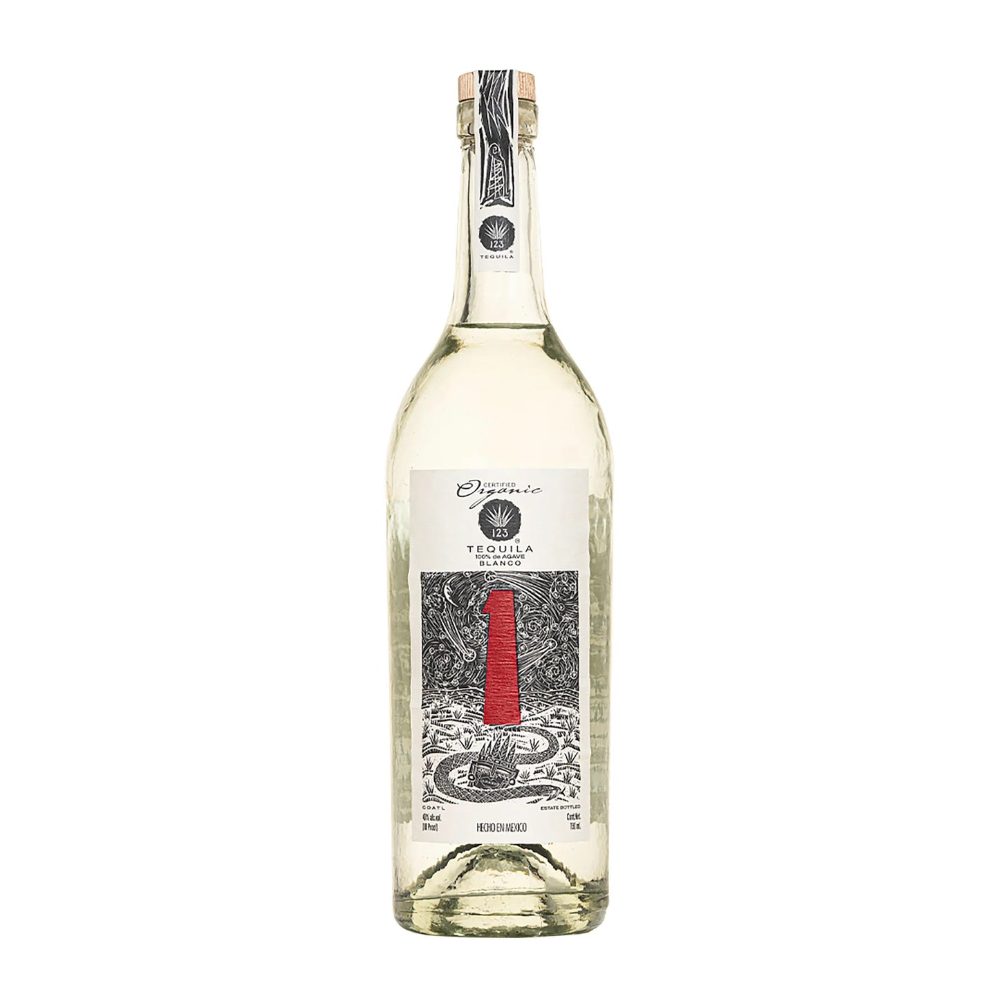 A bottle of 123 Organic Tequila Blanco with a white label, showcasing the product's name and volume information, against a plain background.