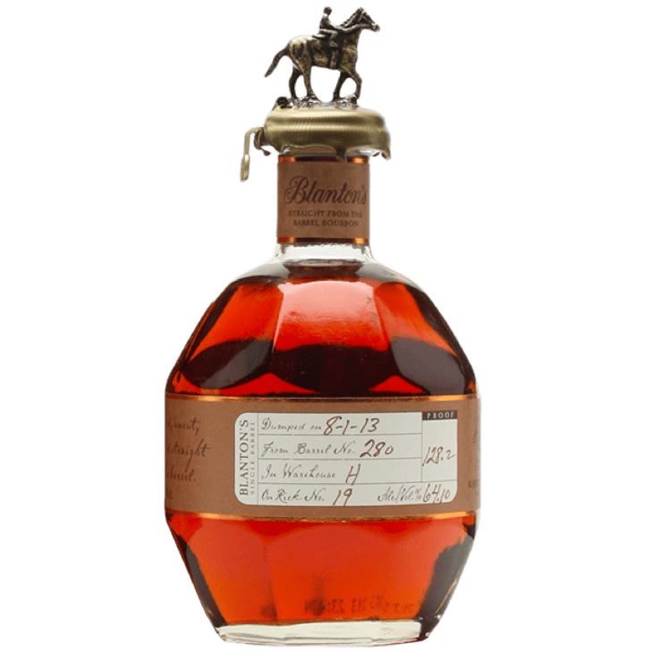 Blanton’s Straight From The Barrel Bourbon 130+ proof bottle with horse stopper