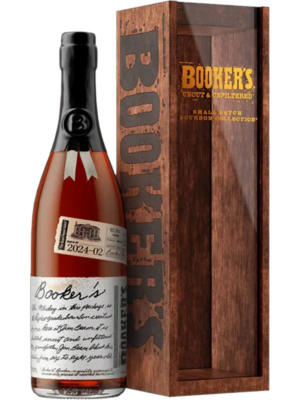 A bottle of Booker's Batch 2024-02 'The Beam House Batch' 7 Year Old Kentucky Straight Bourbon Whiskey, accompanied by its wooden packaging box.