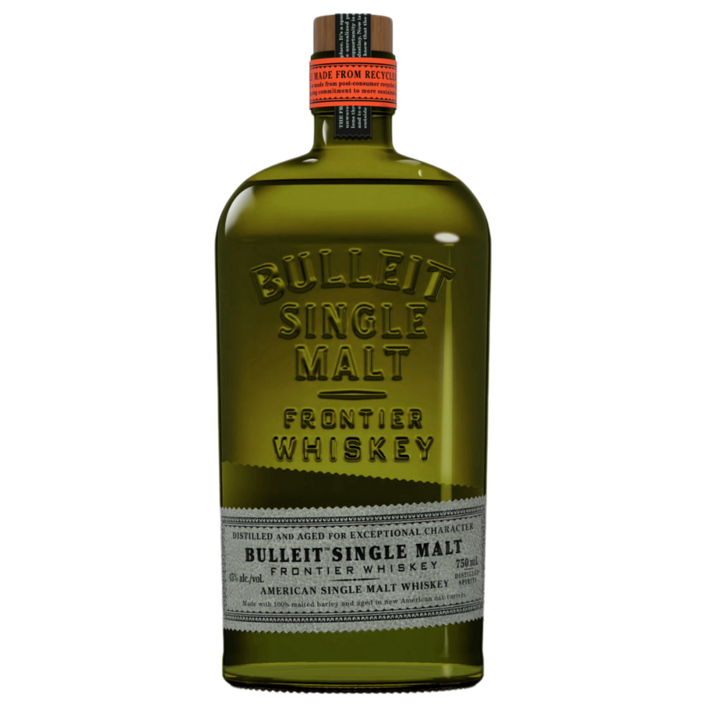 Bulleit American Single Malt Whiskey 750ml bottle with amber whiskey and branded label