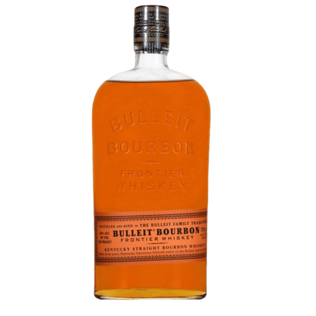 Bottle of Bulleit Bourbon Frontier Whiskey on a white background