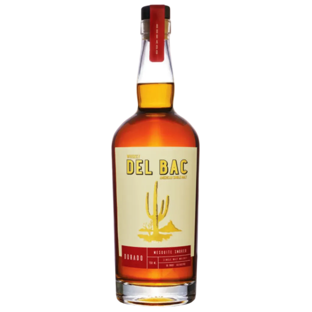 Del Bac Dorado Mesquite Smoked American Single Malt Whiskey 750ml bottle with smoky American whiskey branding