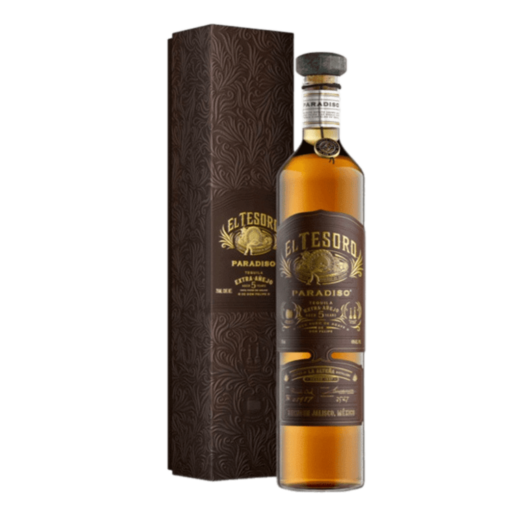“El Tesoro 5 Year Old Paradiso Extra Añejo Tequila 750ML bottle with amber tequila in a sleek glass bottle featuring gold and brown label.”