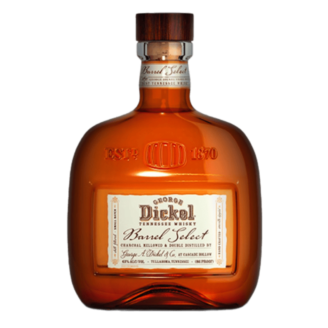 “George Dickel Barrel Select Whiskey 750ML bottle with amber whiskey and premium Tennessee bourbon-style labeling.”