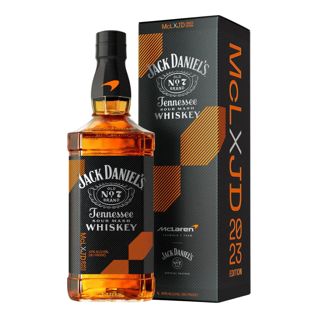 “Jack Daniel's Black Label Old No.7 McLaren Racing 2023 Limited Edition 1L Tennessee Whiskey bottle with special racing design.”