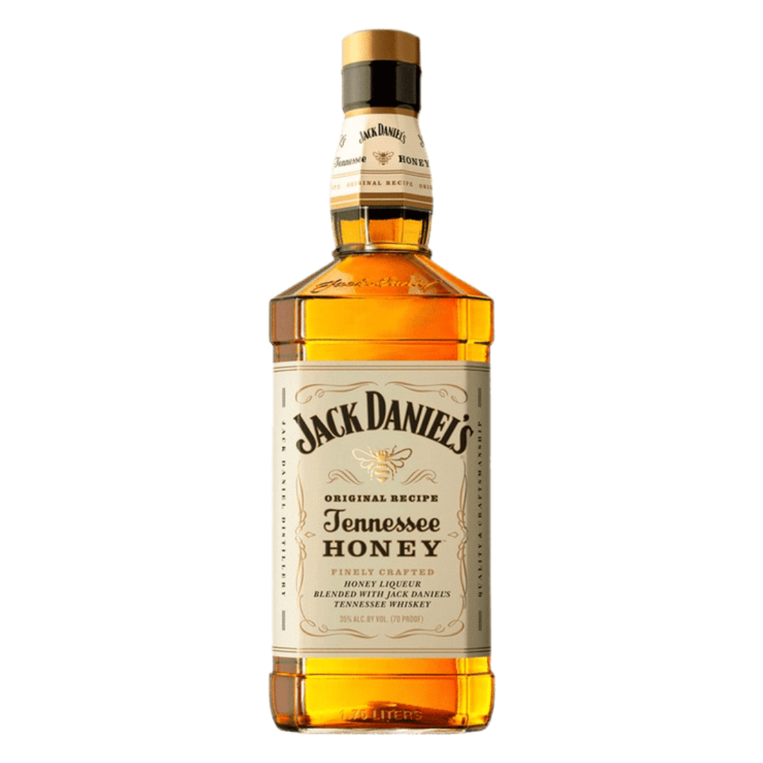 “Jack Daniel’s Tennessee Honey 1.75L bottle featuring golden honey liqueur blended with Tennessee Whiskey”