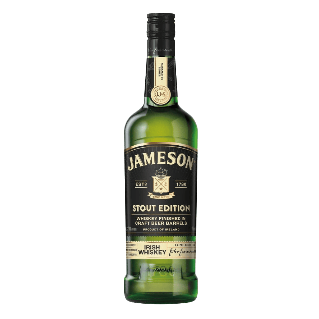“Jameson Caskmates Stout Irish Whiskey 750ML bottle with green label and stout-finished Irish whiskey branding.”