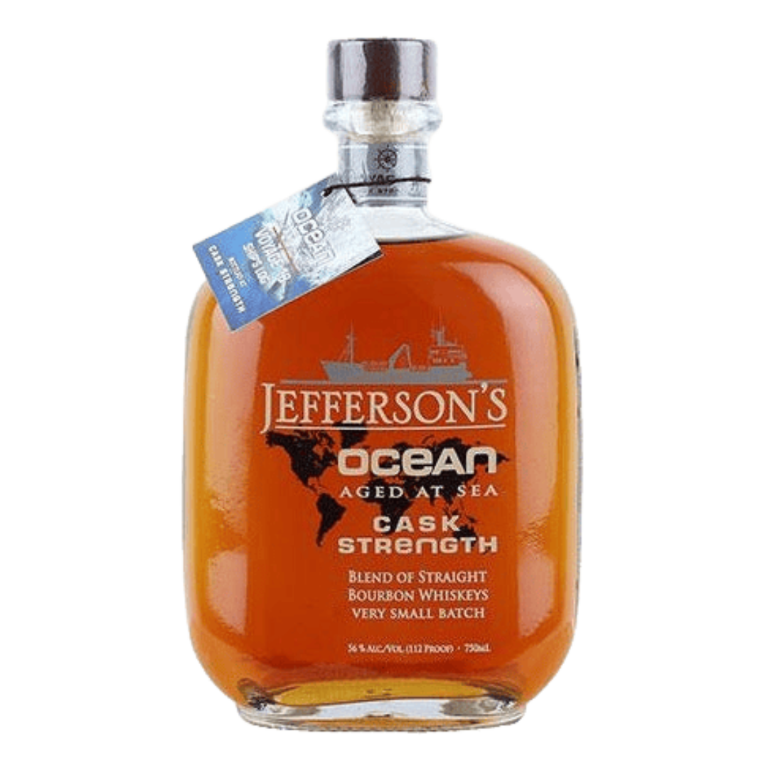“Jefferson's Ocean Aged at Sea Cask Strength Bourbon 750ML bottle on display with premium whiskey packaging.”