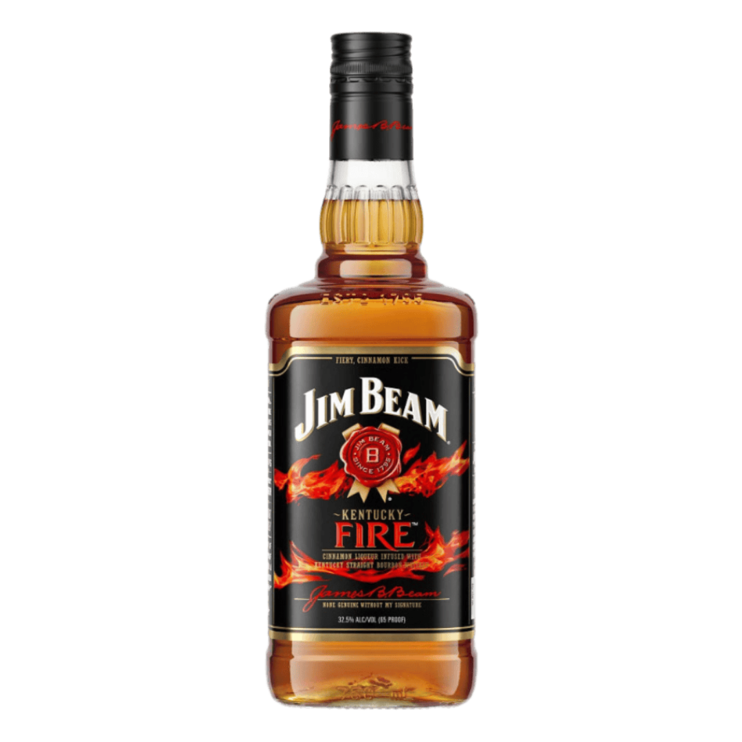 “Jim Beam Kentucky Fire Cinnamon Liqueur with Kentucky Straight Bourbon Whiskey 750ML bottle — red label cinnamon whiskey.”