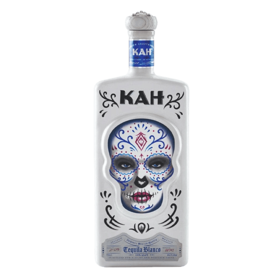 “KAH Tequila Blanco 750ML hand-painted skull bottle – premium 100% agave tequila product photo.”