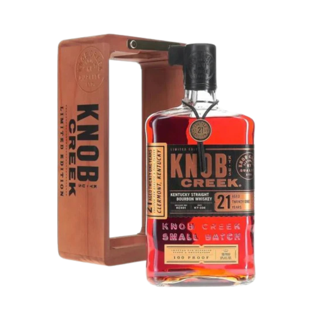 "Knob Creek 21 Year Old Kentucky Straight Bourbon Whiskey bottle – limited-edition aged 21 years with premium packaging."