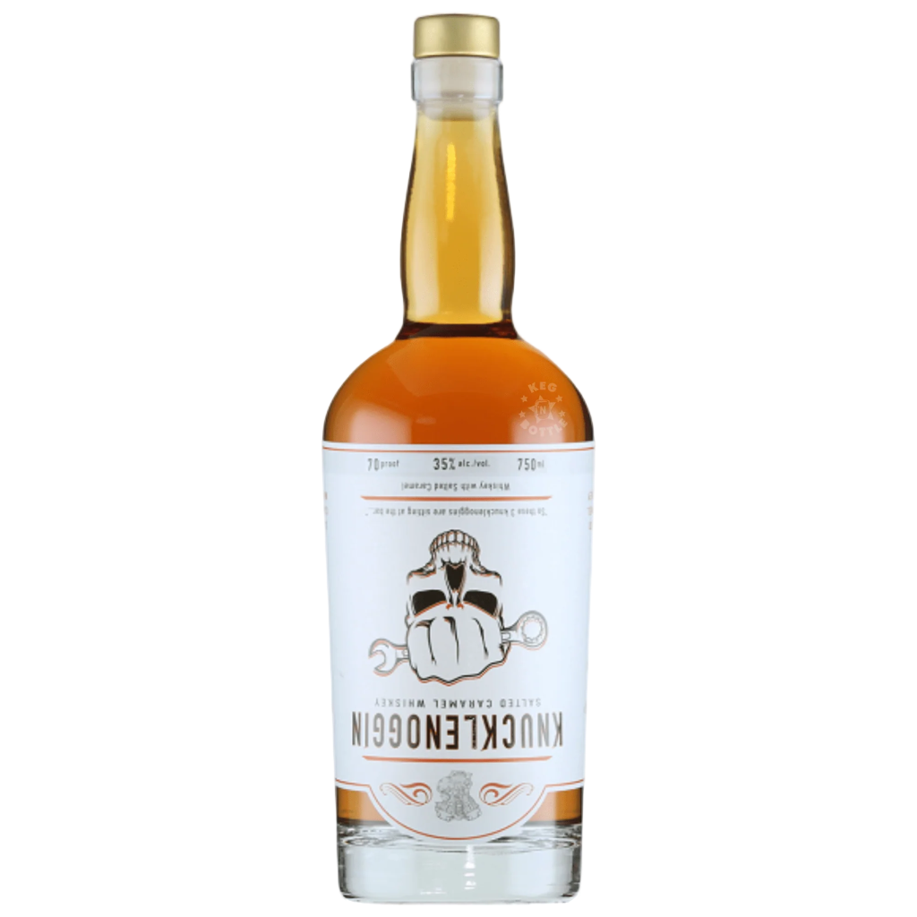 “Knucklenoggin Salted Caramel Whiskey 750ML bottle with caramel-inspired label, flavored whiskey product photography.”