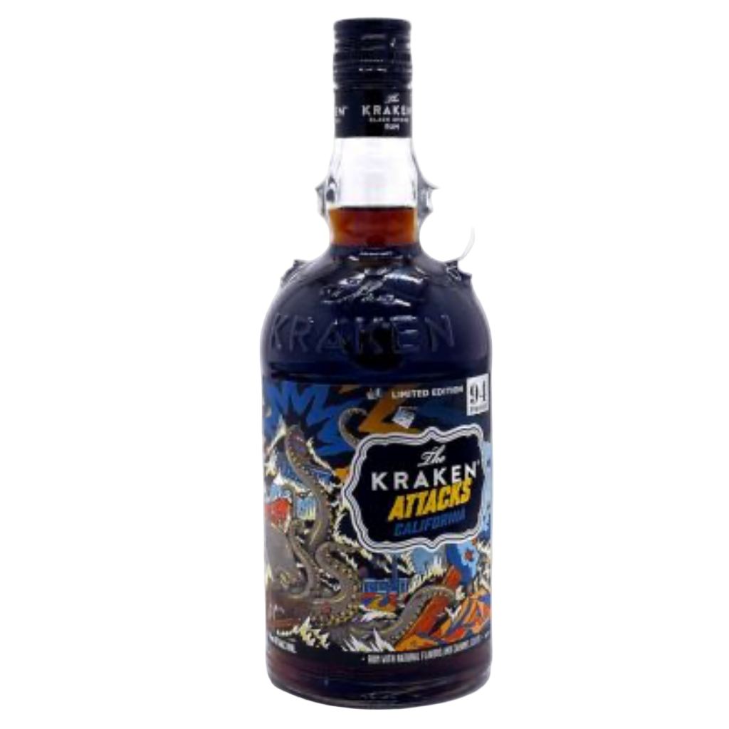 “Kraken Attacks California Limited Edition Rum 750ML bottle with California-themed Kraken artwork”
