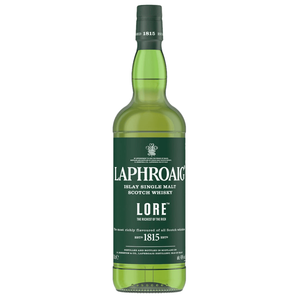 “Bottle of Laphroaig Lore Islay Single Malt Scotch Whisky 750ML with dark label and premium packaging.”