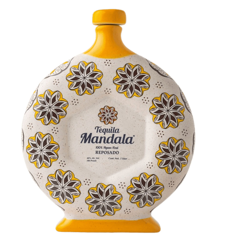 “Hand-painted ceramic bottle of Mandala Reposado Tequila 1L – premium reposado tequila”
