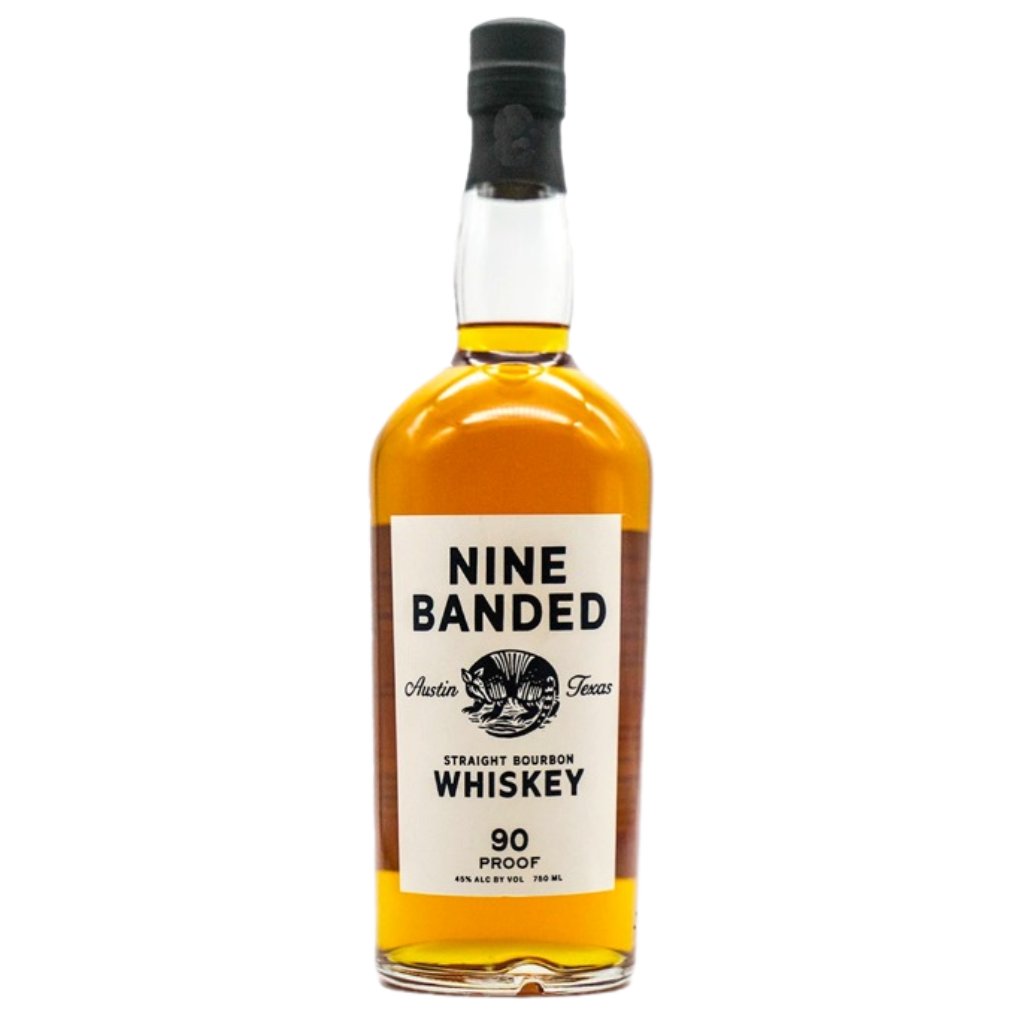 “Bottle of Nine Banded Straight Bourbon 750ML with amber whiskey, Texas-crafted small batch bourbon.”