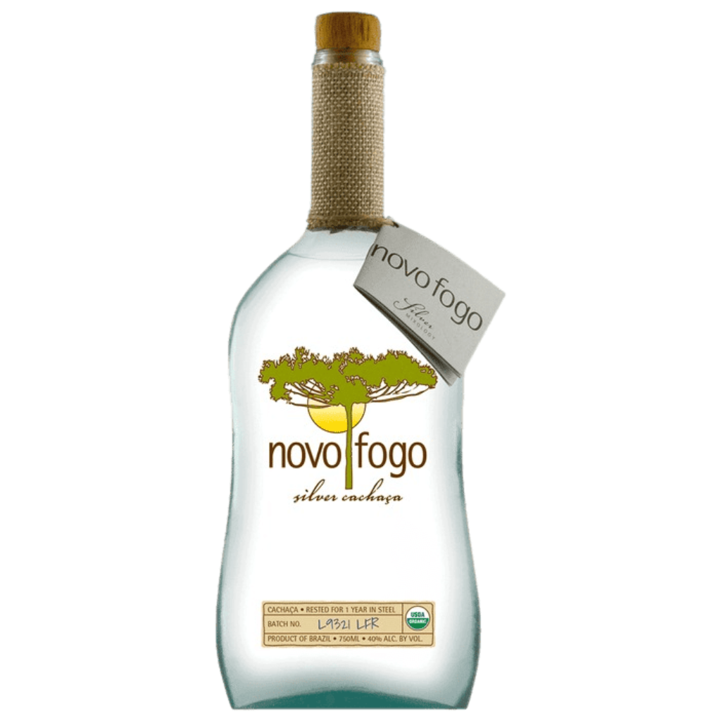 "Novo Fogo Silver Cachaça 750ML bottle – organic Brazilian sugarcane spirit, unaged cachaça ideal for Caipirinhas and cocktails."