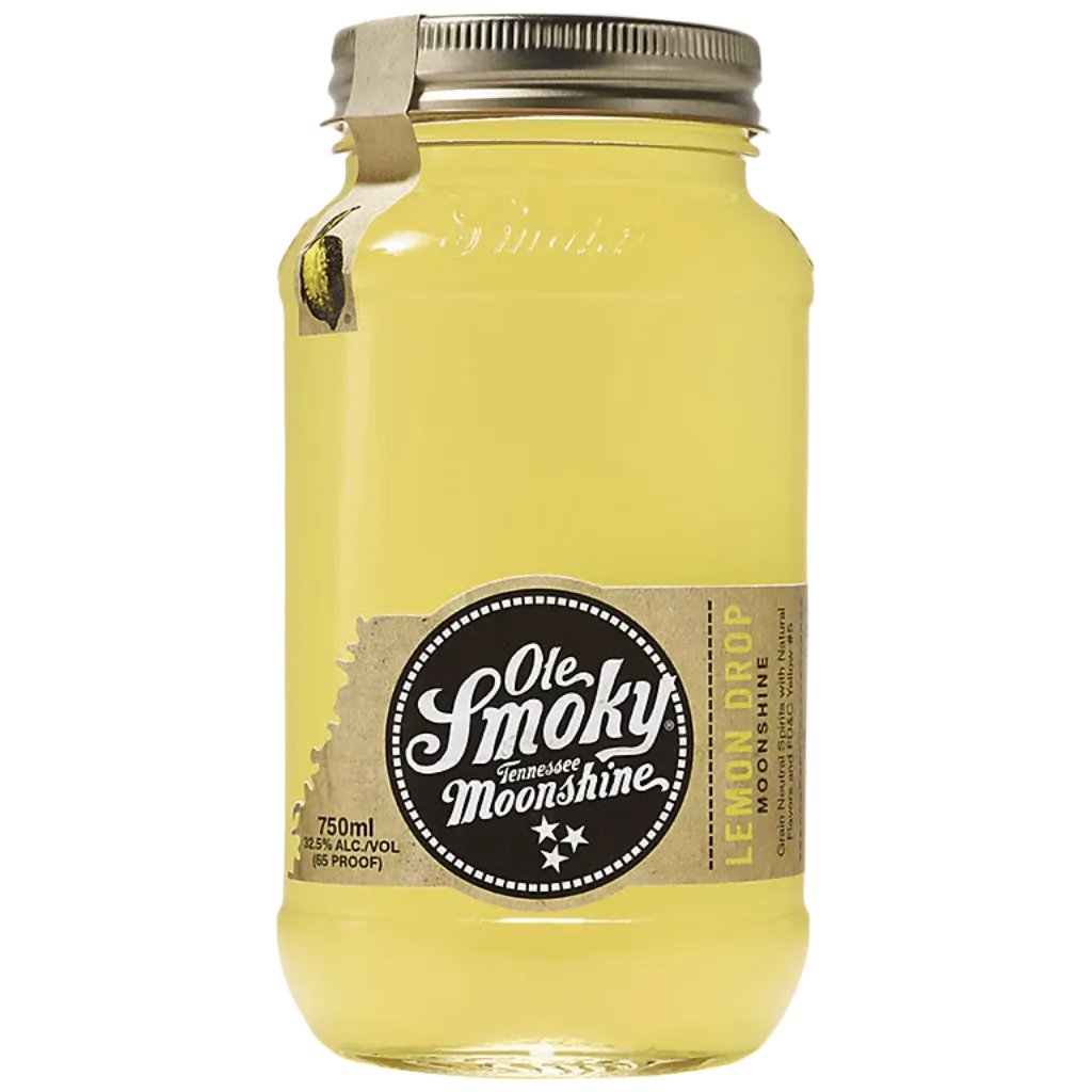 Ole Smoky Moonshine Lemon Drop 750ML bottle with bright yellow label and mason jar design