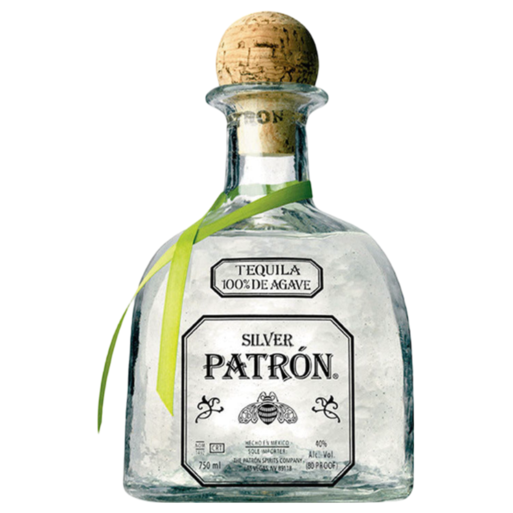 “Patrón Silver Tequila 750ML bottle – premium crystal-clear tequila made from 100% Blue Weber Agave.”