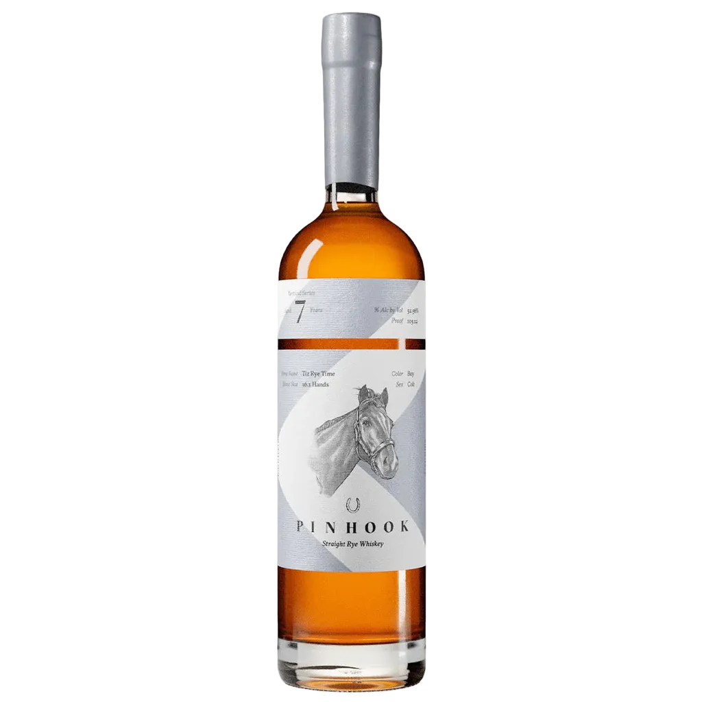 Pinhook Tiz Rye Time 7 Year Rye Whiskey 750ml bottle with vintage label and amber whiskey