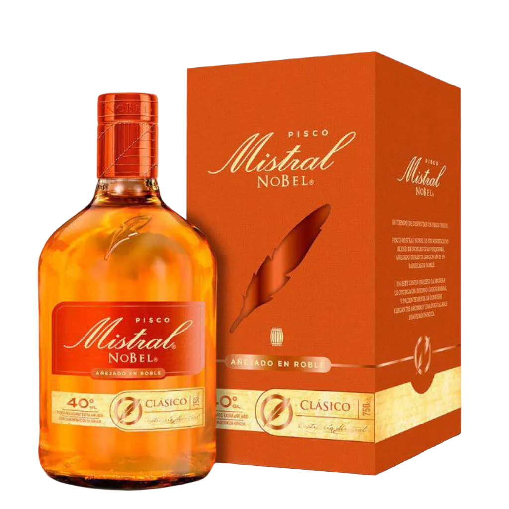 Pisco Mistral Nobel Extra Añejo en Roble 750ML premium Chilean pisco aged in oak bottle