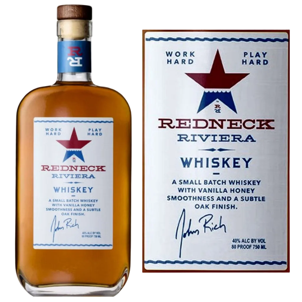 Redneck Riviera American Blended Whiskey 750ML bottle with amber whiskey inside and branded label