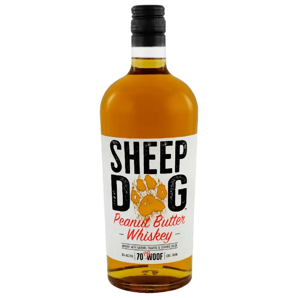 Sheep Dog Peanut Butter Whiskey 750ml bottle with bold label, flavored American whiskey infused with rich peanut butter flavor