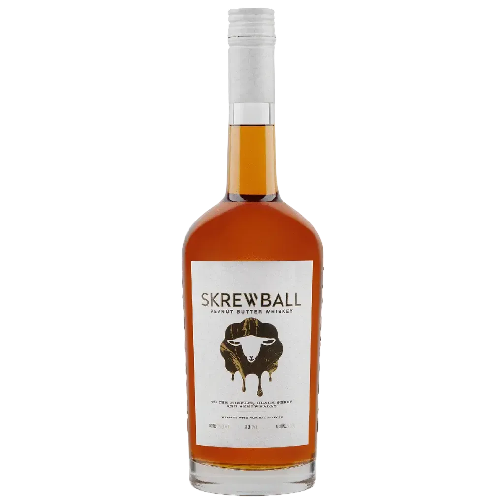 Skrewball Peanut Butter Whiskey 750ML bottle with signature ram logo, premium American flavored whiskey