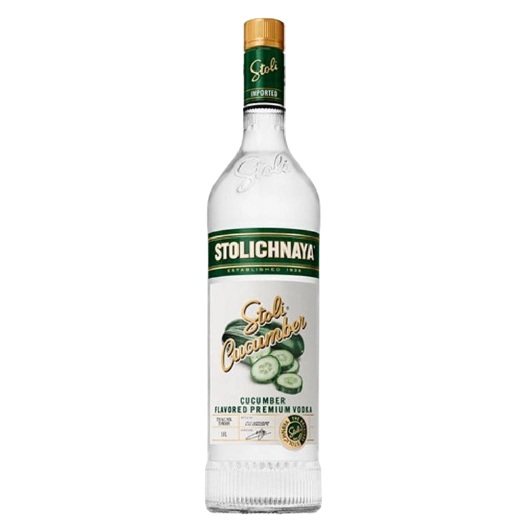 Stolichnaya Cucumber Flavored Premium Vodka 750ML bottle with green cucumber-accented label on a white background