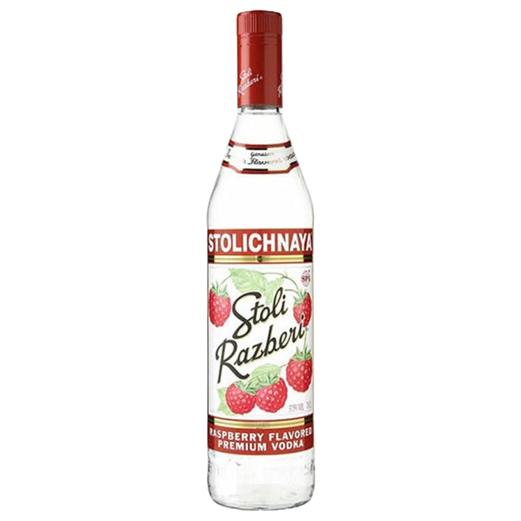 Stolichnaya Razberi Flavored Russian Vodka 75 Proof 750ml bottle with red raspberry label