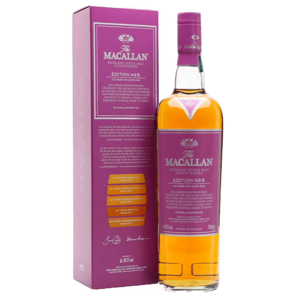 The Macallan Edition No. 5 750ML single malt Scotch whisky bottle with golden amber color and premium packaging