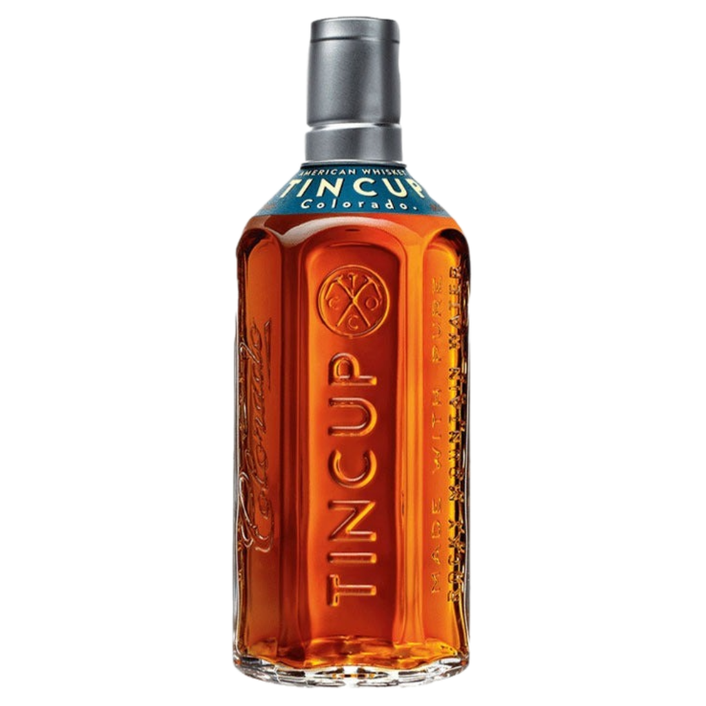 Tin Cup American Whiskey 750ML bottle with flask-style design and amber whiskey inside
