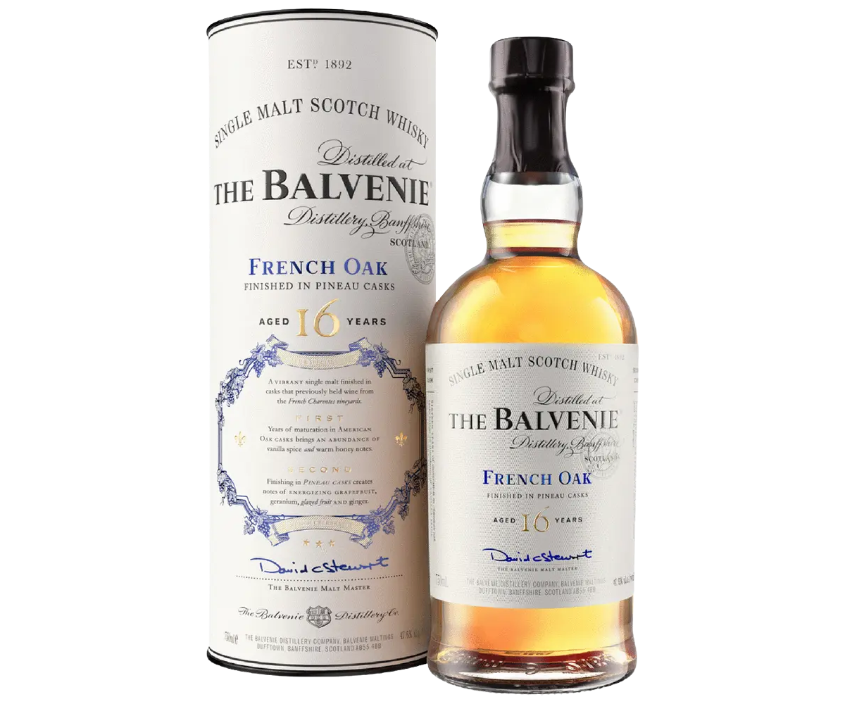 The Balvenie French Oak 16 Year Old Single Malt Scotch Whisky bottle with premium packaging