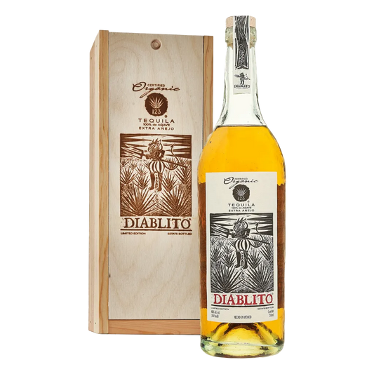 123 Organic Tequila Diablito Extra Añejo 750ML premium organic tequila bottle with handcrafted label