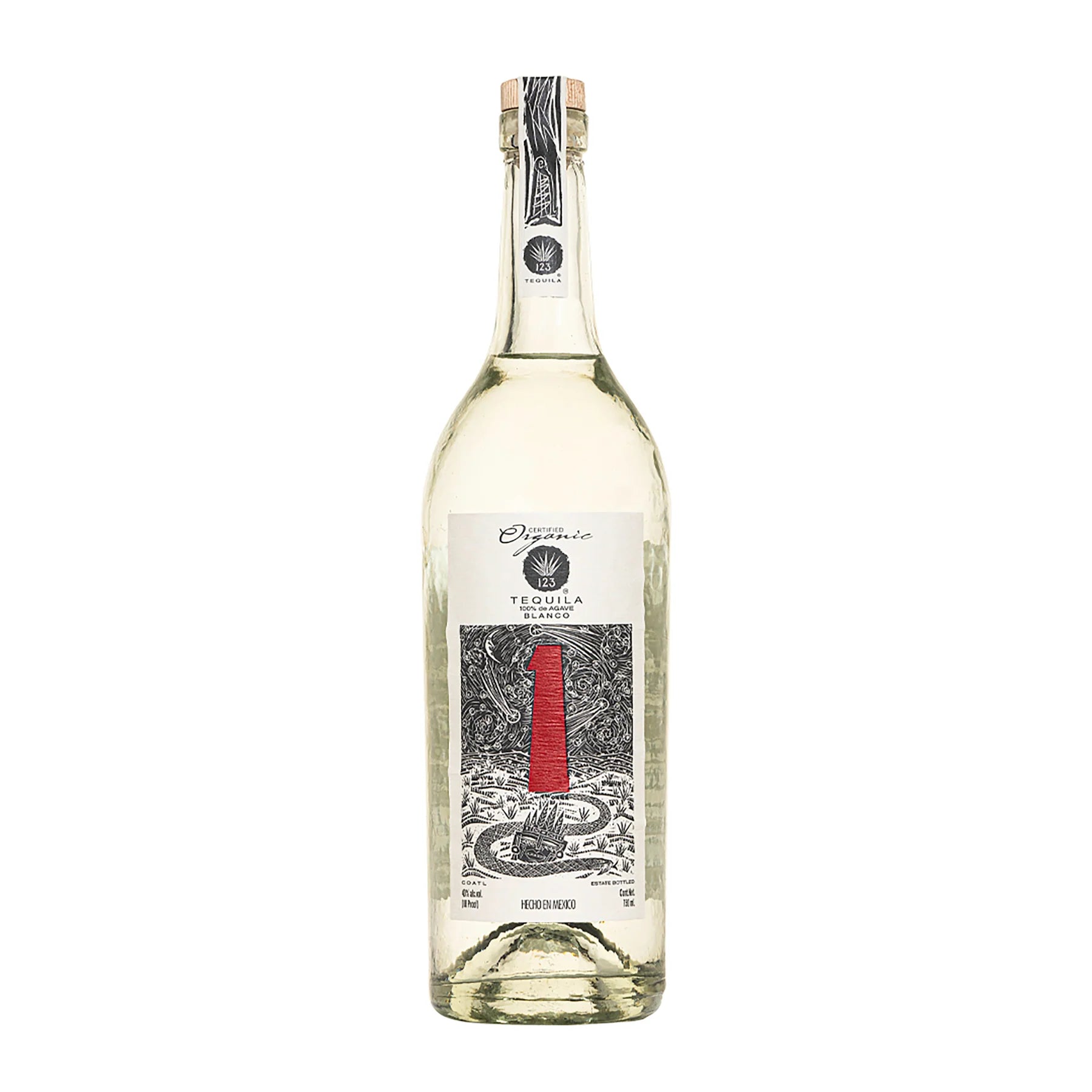 A bottle of 123 Organic Tequila Blanco with a white label, showcasing the product's name and volume information, against a plain background.