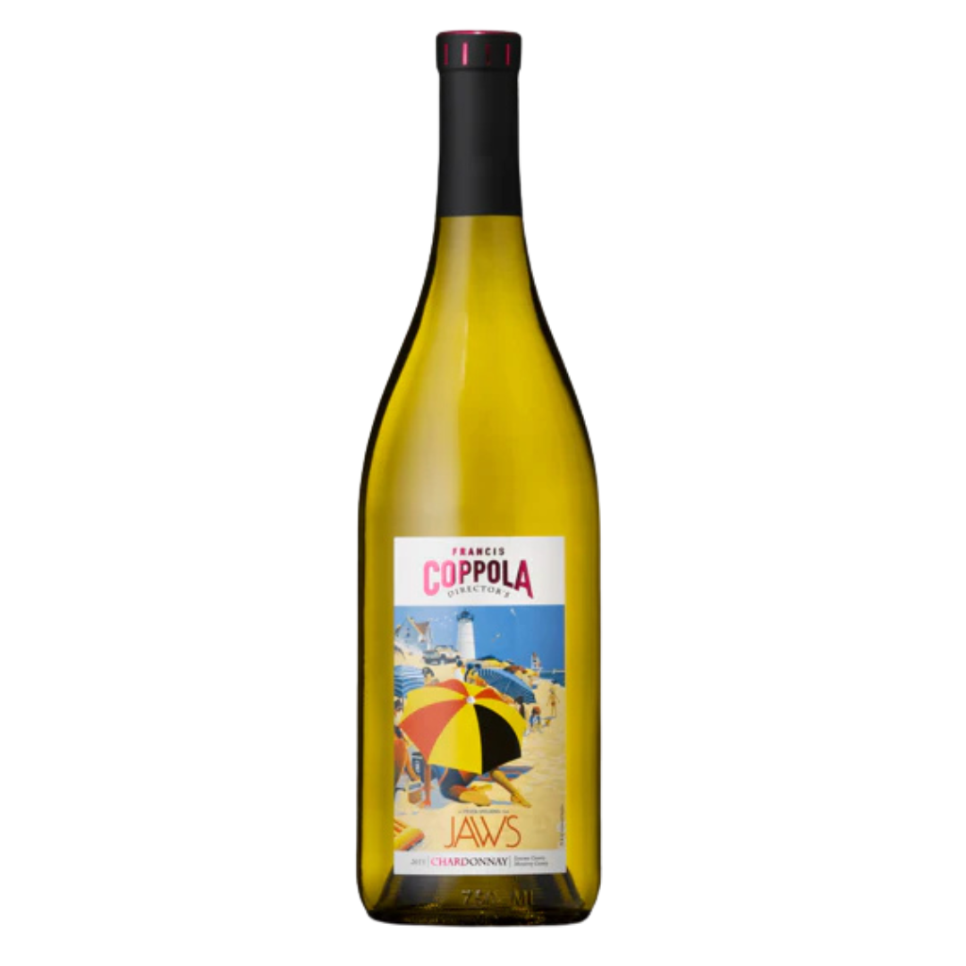 2015 Francis Coppola Director's Jaws Chardonnay bottle with limited-edition film label, golden wine color, and premium packaging.