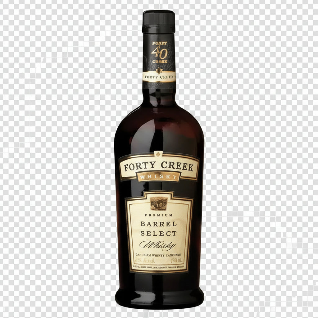 Forty Creek whiskey bottle on a black background
