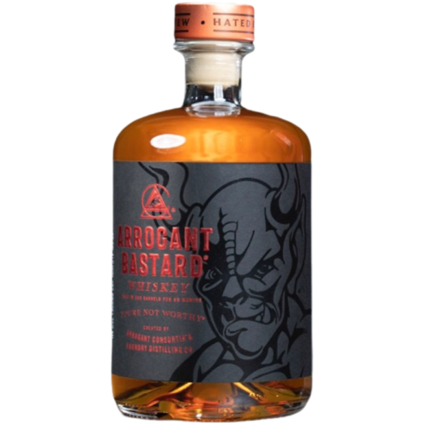 Arrogant Bastard Whiskey You’re Not Worthy 2024 limited edition bottle with bold amber color
