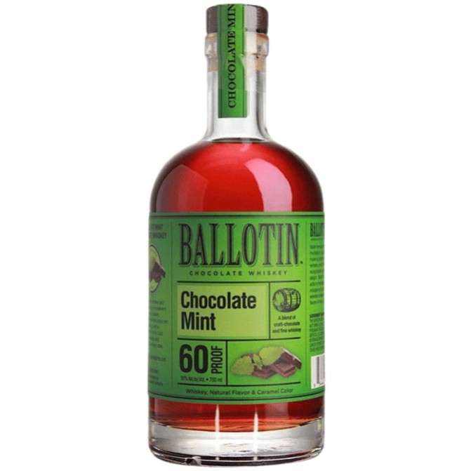 Ballotin Chocolate Mint Whiskey 750ML bottle with chocolate and mint flavored whiskey