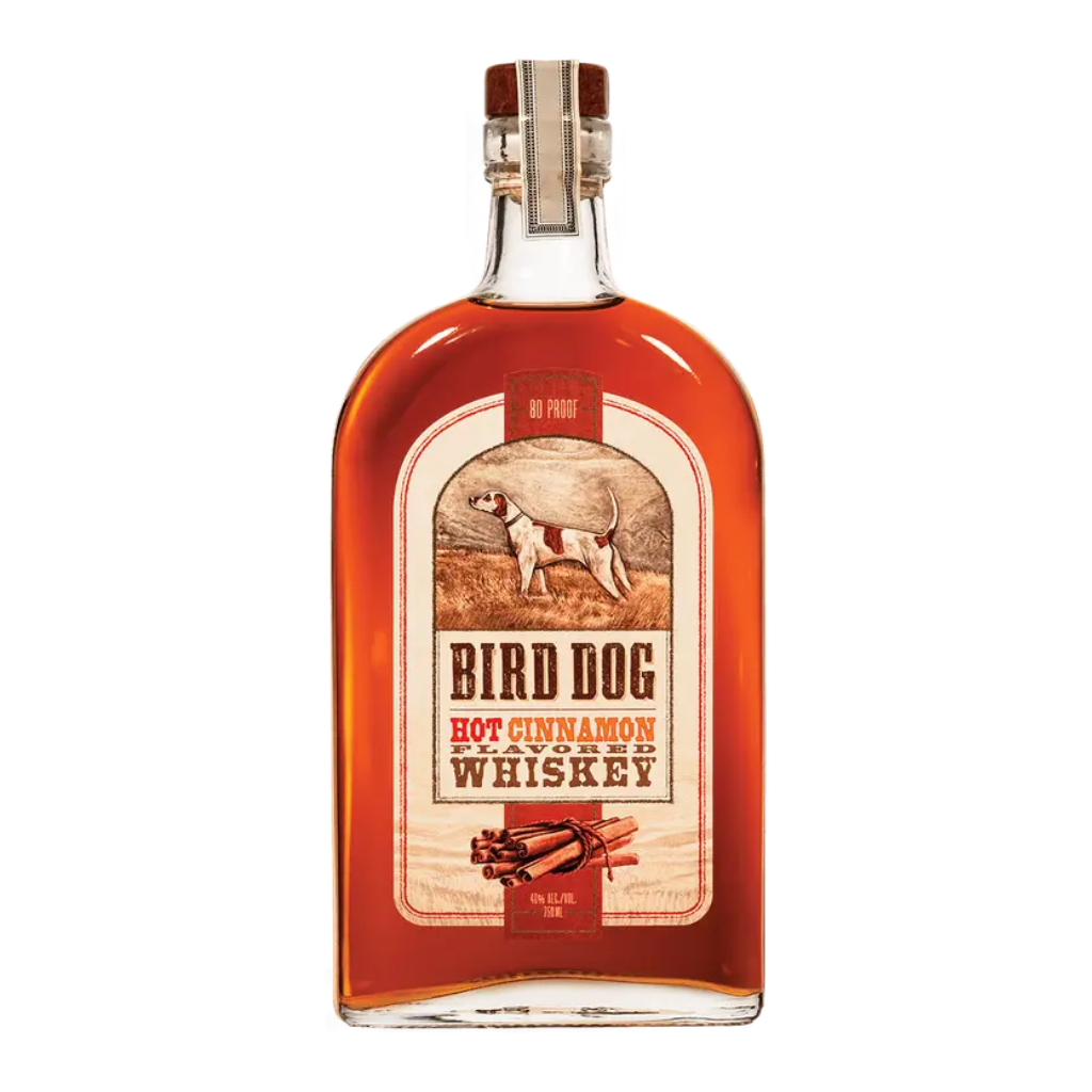 Bird Dog Whiskey Hot Cinnamon 750ML bottle with bold red label and cinnamon flavored whiskey