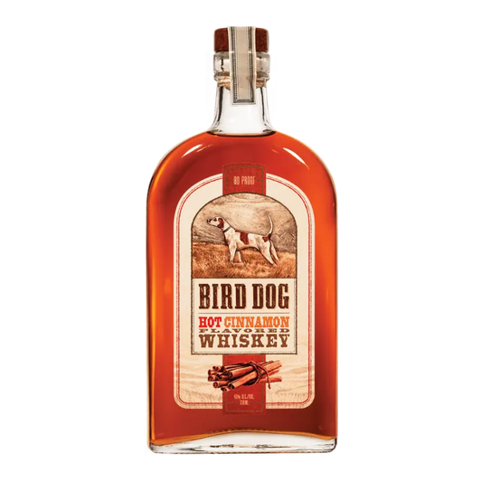 Bird Dog Whiskey Hot Cinnamon 750ML bottle with bold red label and cinnamon flavored whiskey