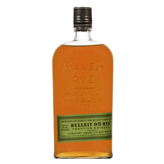 Bottle of Bulleit Rye Frontier Whiskey on a white background