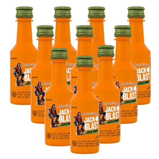 “Captain Morgan Jack Blast Spiced Pumpkin 50ml mini bottle 10-pack – seasonal pumpkin spice rum.”