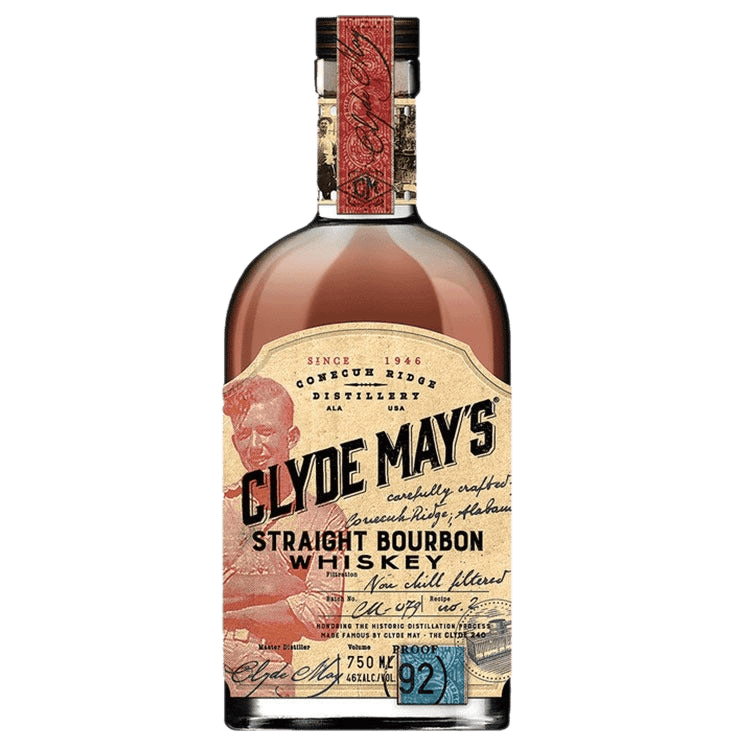 Bottle of Clyde May’s Straight Bourbon 92 Proof 750ML – rich amber whiskey in glass bottle with vintage-style label.