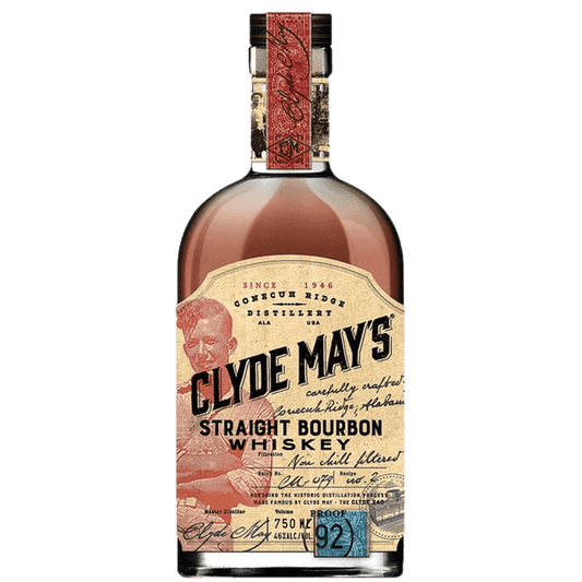 Bottle of Clyde May’s Straight Bourbon 92 Proof 750ML – rich amber whiskey in glass bottle with vintage-style label.