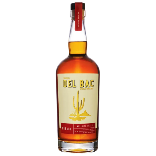 Del Bac Dorado Mesquite Smoked American Single Malt Whiskey 750ml bottle with smoky American whiskey branding