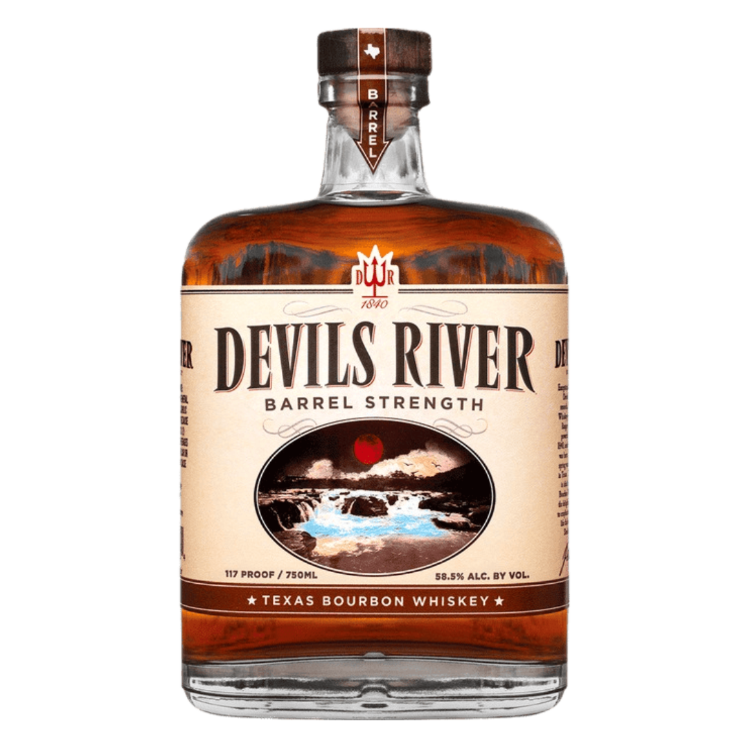 “Devils River Barrel Strength Bourbon 750ML bottle front label high proof whiskey”