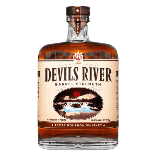 “Devils River Barrel Strength Bourbon 750ML bottle front label high proof whiskey”