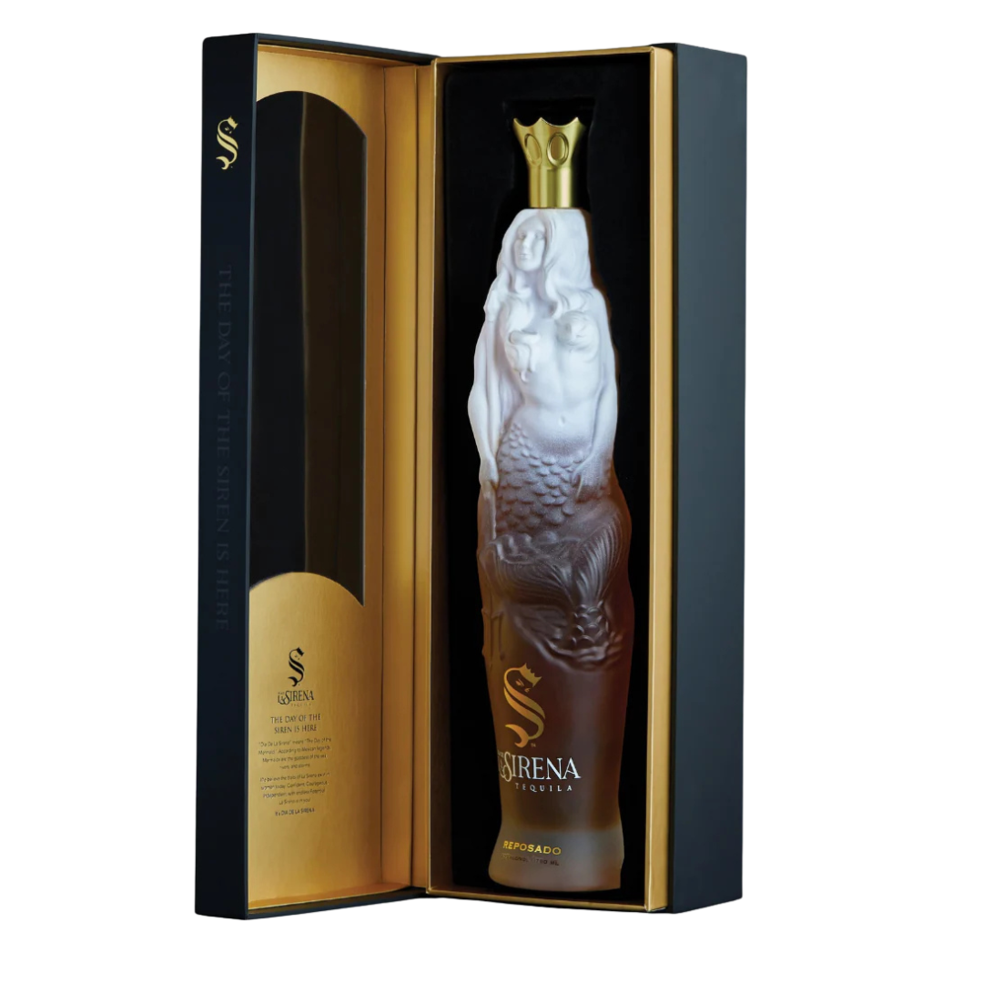 "Dia De La Sirena Reposado Tequila bottle featuring detailed mermaid design, golden tequila color, premium Mexican agave spirit."